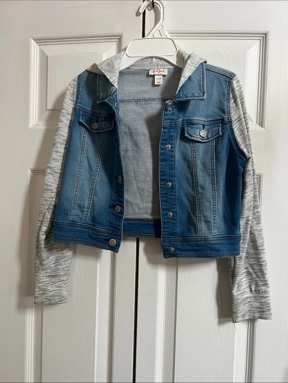 Cat & Jack Blue Denim Jacket with Gray Hoodie Sleeves